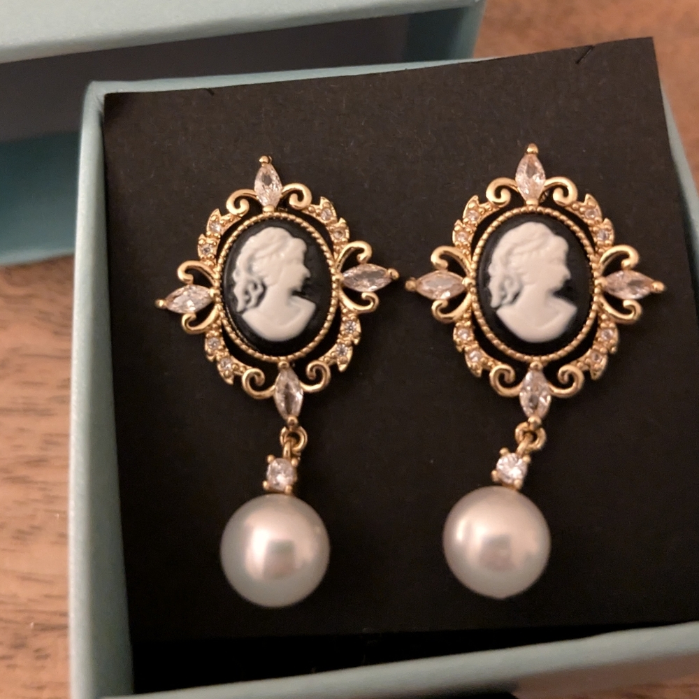 Genuine Pearl Cameo Gold Plated Sterling Silver Earrings